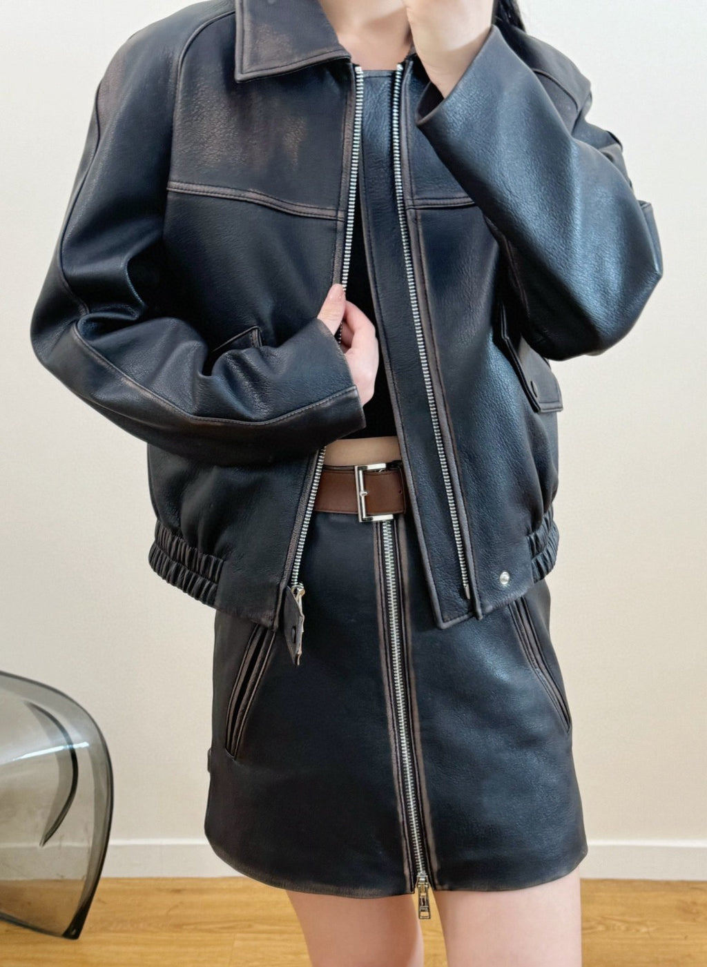 Prada Men's Women's Autumn And Winter Retro High Street Biker Wind Leather Jacket Lapel Zipper Jacket Coat  Ngvp #8946