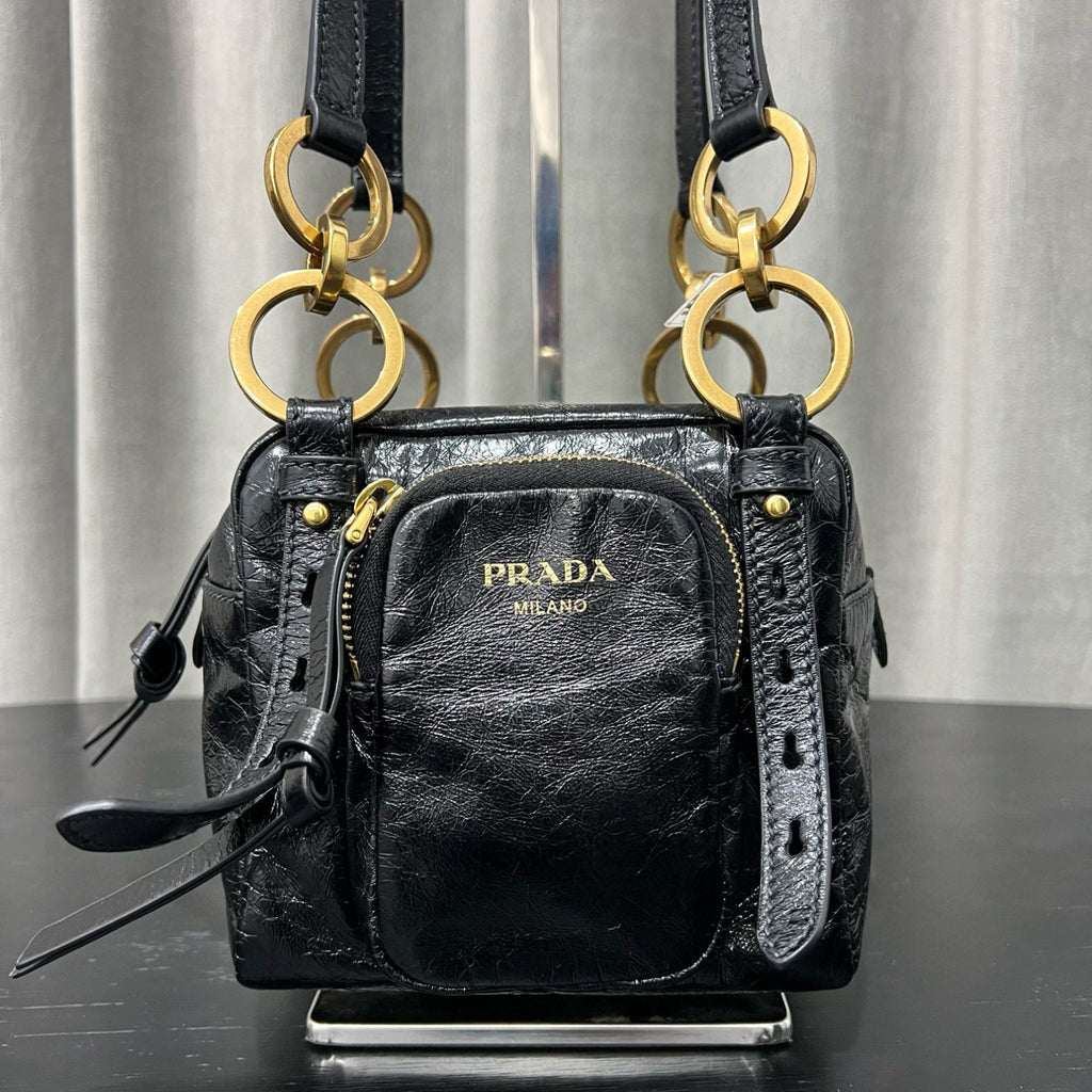 Prada Dangle Women's Black Letter Print Zipper Closure Cowhide Leather Mini Shoulder Bag Bags #75499