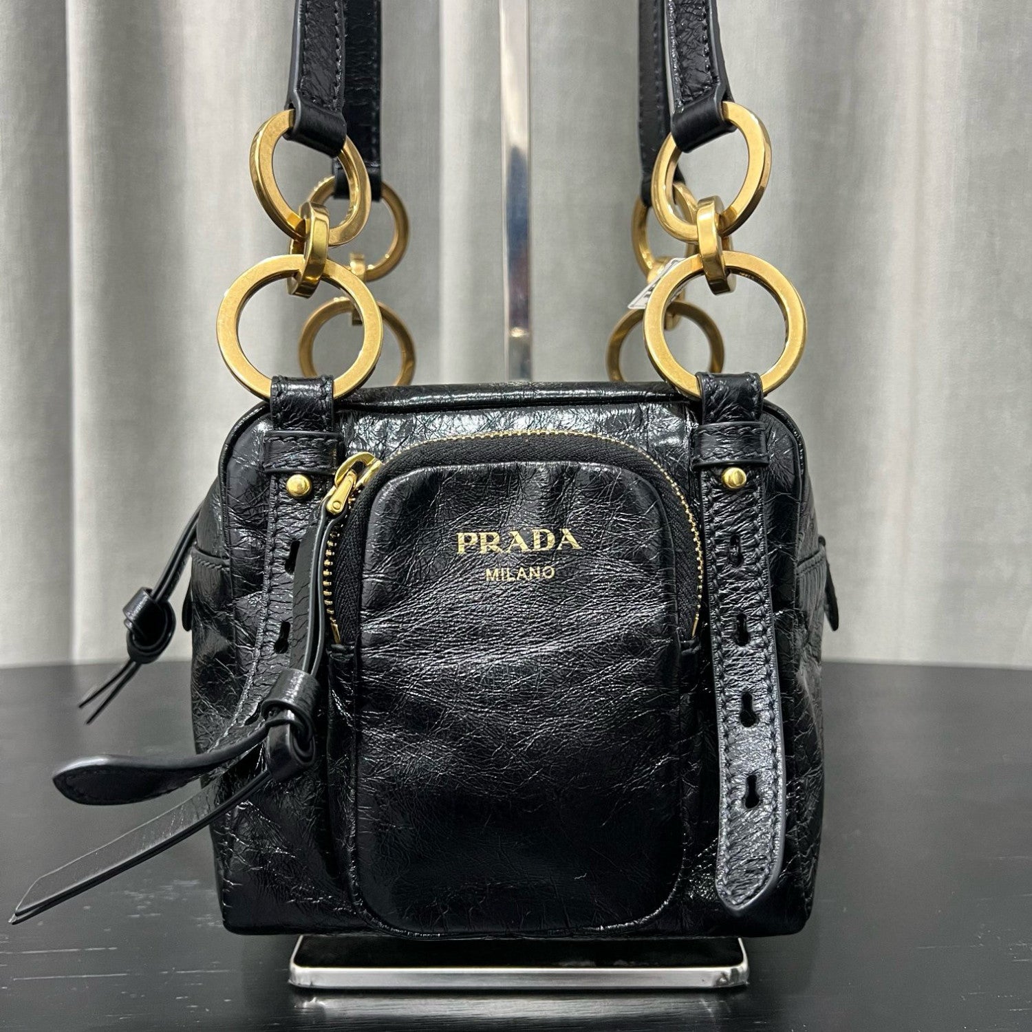 Prada Dangle Women's Black Letter Print Zipper Closure Cowhide Leather Mini Shoulder Bag Bags #75499