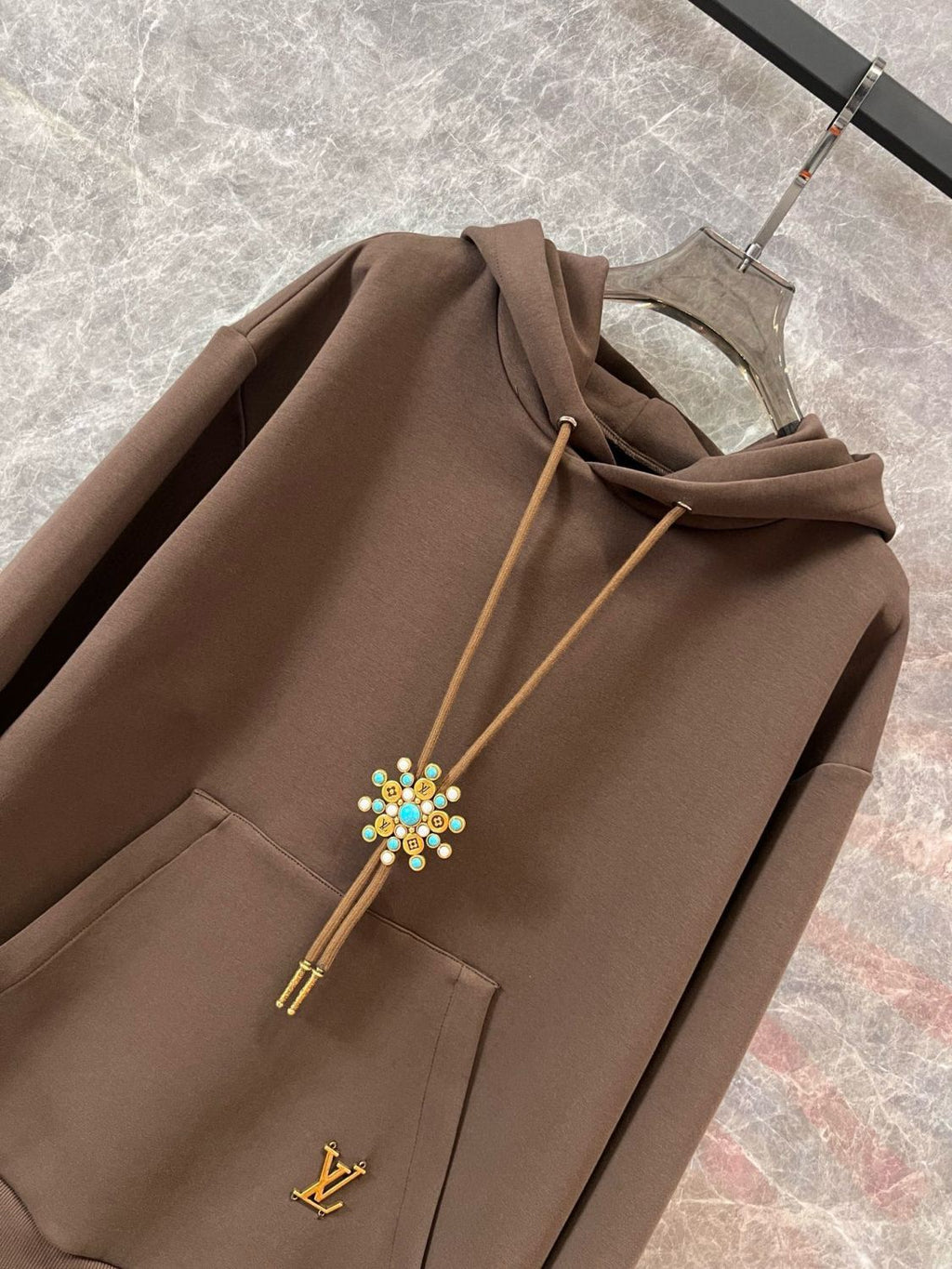Louis Vuitton Men's Spring and Fall Brown Logo Metal Label Drawstring Hooded Sweatshirt Pullover #73122