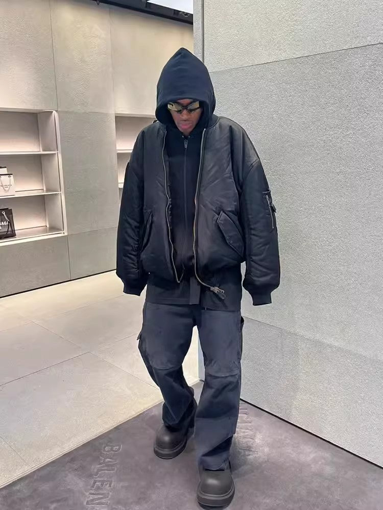 Balenciaga Men's Women's Spring And Autumn Fashion Doing Old Zipper Splicing Hooded Loose Long Sleeve Pilot Jacket Coat Ngvp #8589