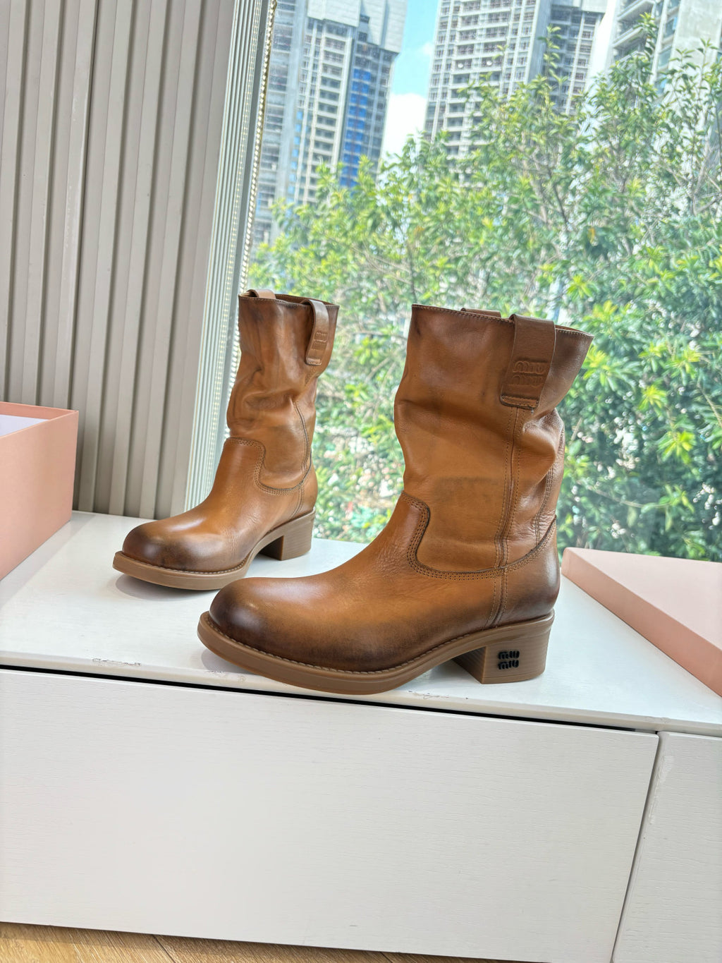 MiuMiu Women's Fall/Winter Fashion Classic Solid Color Leather Round Toe Slip On Chunky Heel High Top Biker Style Boots Shoes #79484
