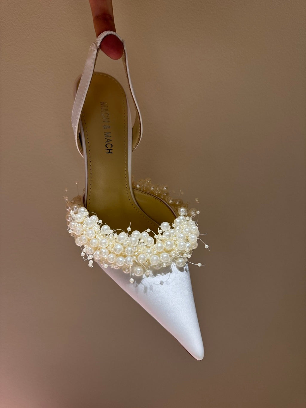 Mach & Mach Women's Spring. Summer And Autumn Pointed Toe Pearl Decorated Satin Solid Color High Heels Fine Heeled 8.5cm Casual Sandals Shoes Ngvp #1532