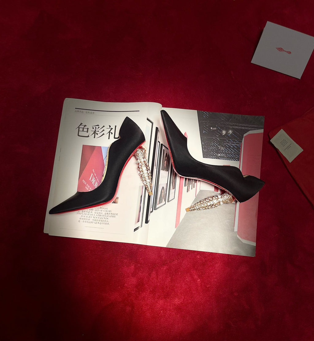 Christian Louboutin Lipchick Pump Series Hot Chick Shoe Style Cl Crepe Satin Rhinestone Embellishment Asymmetrical Heel High Heels 10cm Women's Black Nude Shoes Ngvp #1997