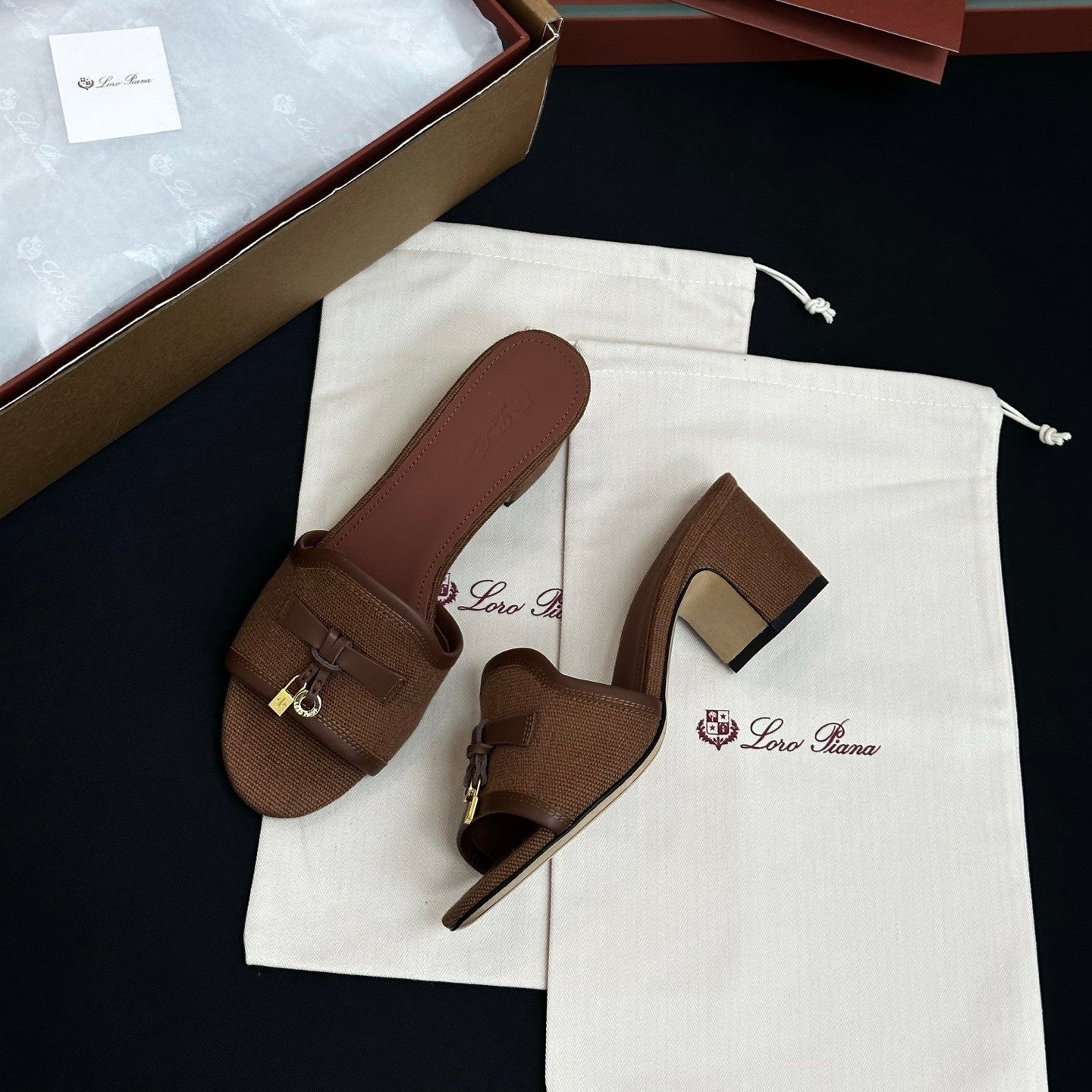Loro Piana Linen Pendant High Heel Sandals Slippers #381477