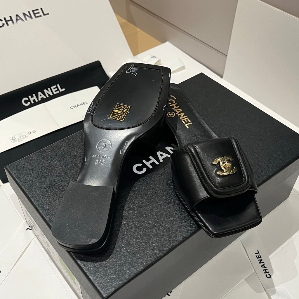 Chanel Gold Lock Square Toe Slippers #379298