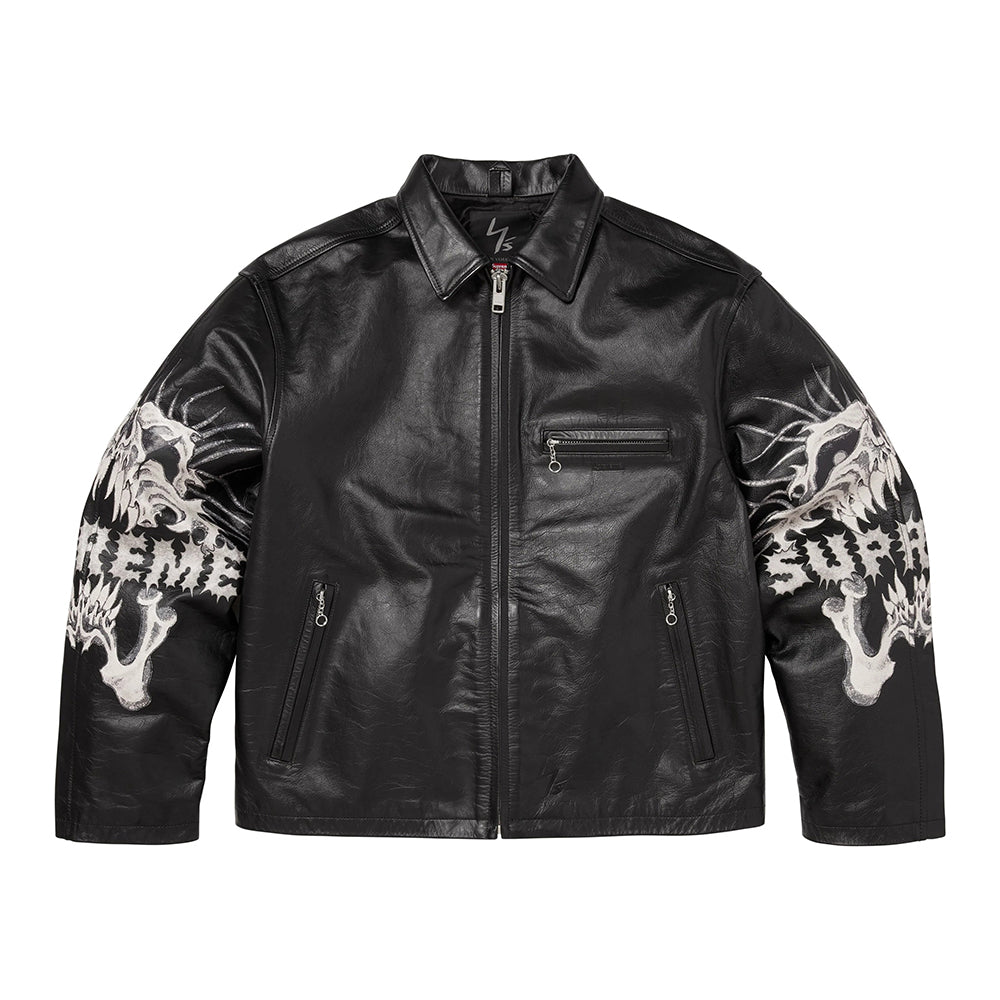 Supreme x Y's by Yohji Yamamoto Men's and Women's FW25 WEEK3 Leather Fitted Casual Jacket With Printed Sleeves And Zip Closure #332325