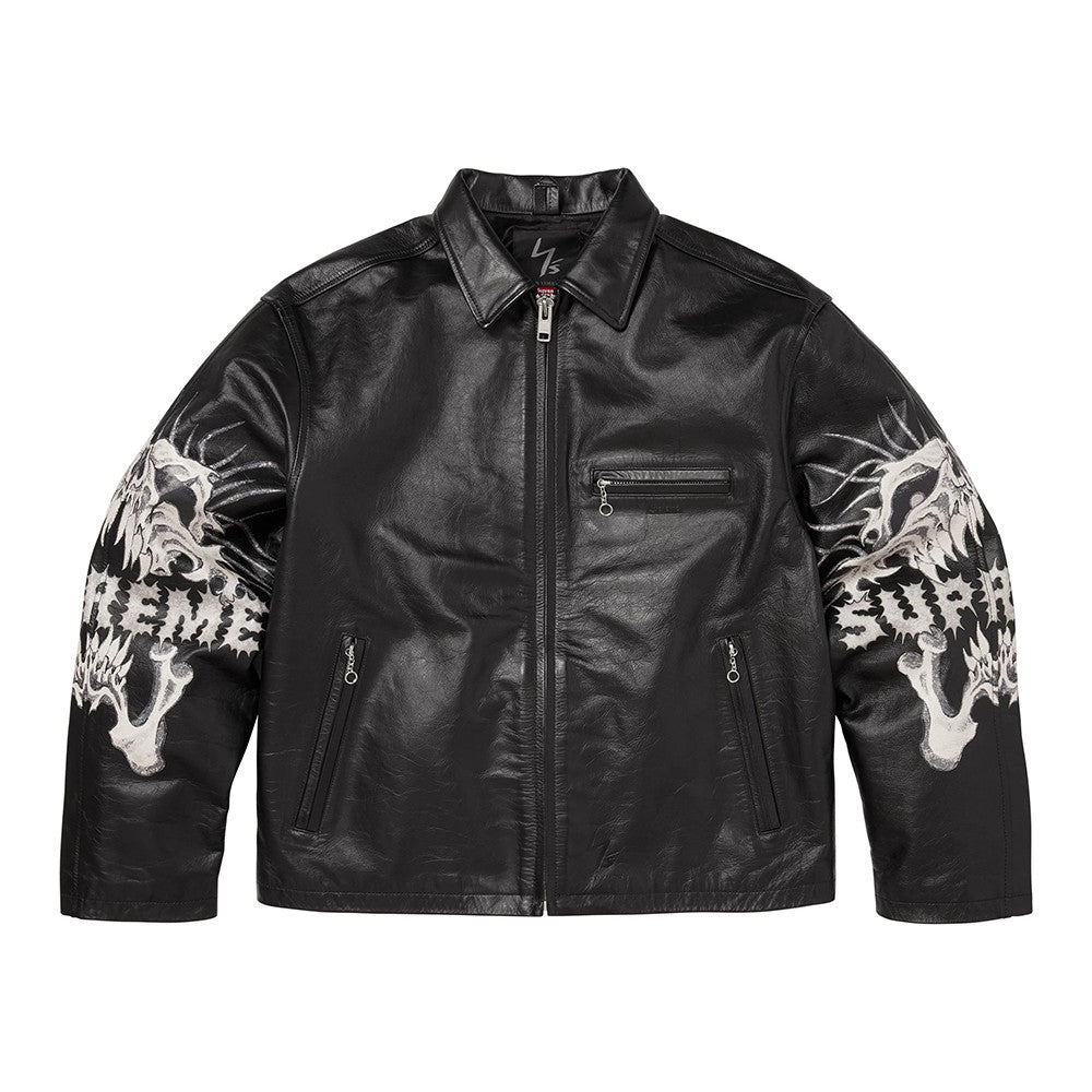 Supreme x Y's by Yohji Yamamoto Men's and Women's FW25 WEEK3 Leather Fitted Casual Jacket With Printed Sleeves And Zip Closure #332325