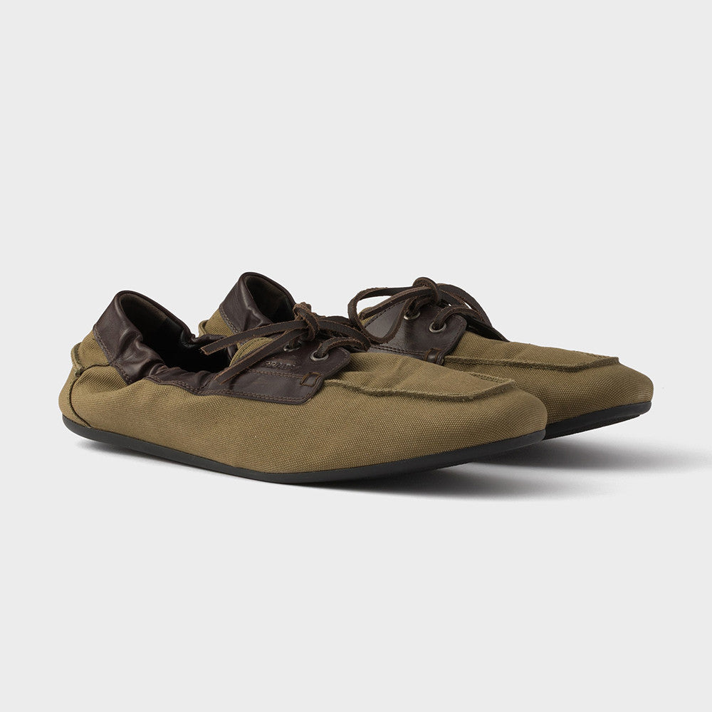 PRADA Shuffle Aged Canvas And Leather Boat Shoes #381722