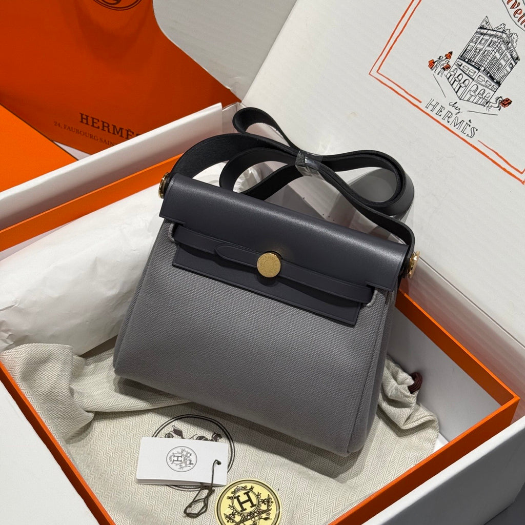 Hermes H -Mini Herbag Women's Color Blocking Metal Buckle Canvas and Cowhide Handbag Shoulder Satchel Bag Bags #76411