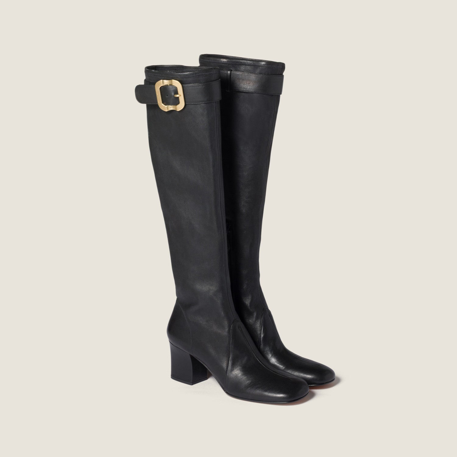 MiuMiu Women's Fall/Winter Fashion Classic Solid Color Leather Round Toe Sleeve Style Zipper Buckle Elastic Bare Leather Boots High Top Boots Shoes #79238
