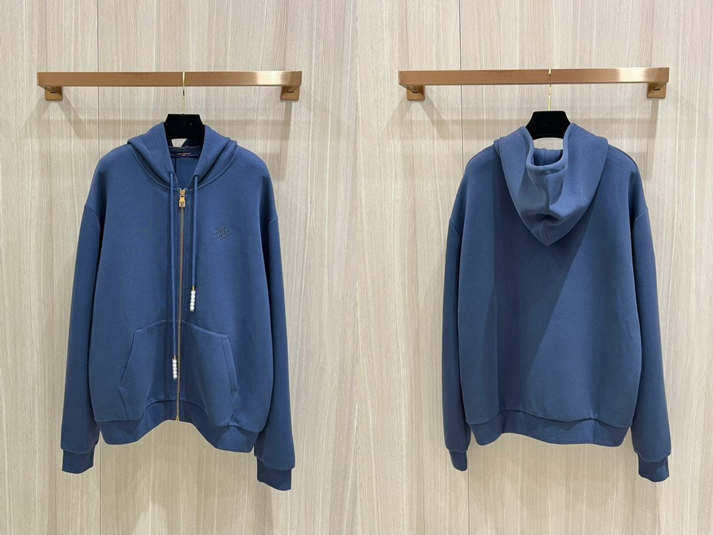 Louis Vuitton Men's Spring and Autumn Blue Embroidery Letter Logo Pearl Pendant Hooded Zipper Jacket Lace-Up Trousers Pants Set Suit #99763