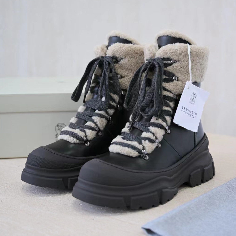 Brunello Cucinelli Women's Fall/Winter Patchwork Ankle Boots Suede Round-Toe Lace-Up Short Boots Solid-Color Snow Boots Shoes Ngvp #2558