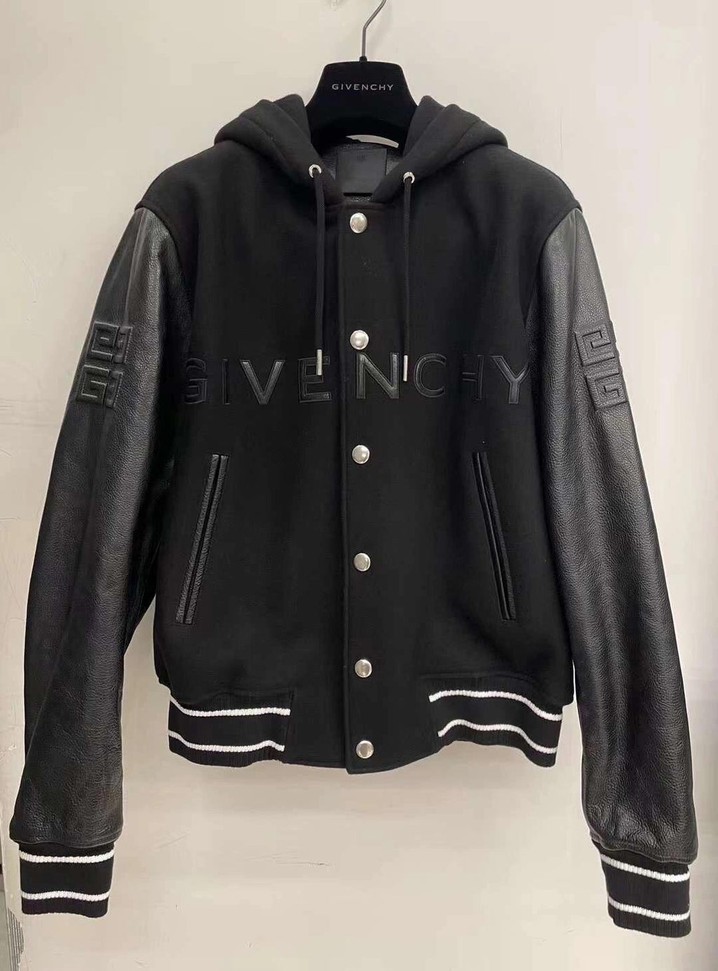Givenchy Men's Fall/Winter Black Logo Printed Single Breasted Hooded Aviator Jacket #72996