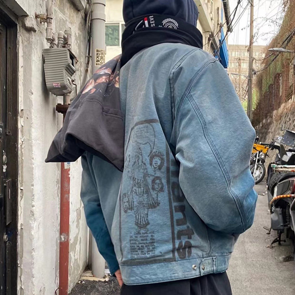 Enfants Riches Deprimes Men's Spring and Autumn Washed Damaged Long sleeved Lapel Blue Loose Work Jacket Ngvp #7918