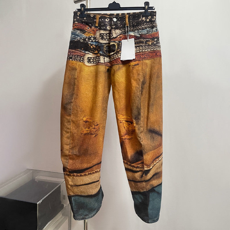 Ngvp Men's Four Seasons 3D Printed Low Rise Solid Color Loose Jeans Autonomous Label-Free Casual Pants #9923