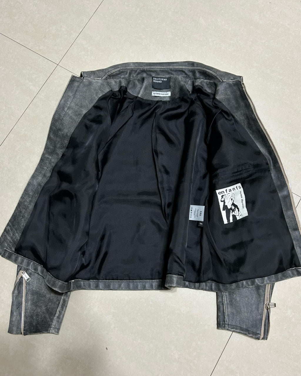 Enfants Riches Deprimes Men's Fall/Winter Lapel Pocket Zipper Black Printed Fitted Vintage Fashion Long Sleeve Leather Sleep Sound Collared RacerJacket Ngvp #7564