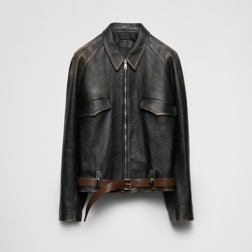 Prada Men's Women's Autumn and Winter Retro High Street Biker Style Leather Jacket Lapel Belt Zipper Jacket Coat  Ngvp #9157