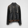 Prada Men's Women's Autumn and Winter Retro High Street Biker Style Leather Jacket Lapel Belt Zipper Jacket Coat  Ngvp #9157