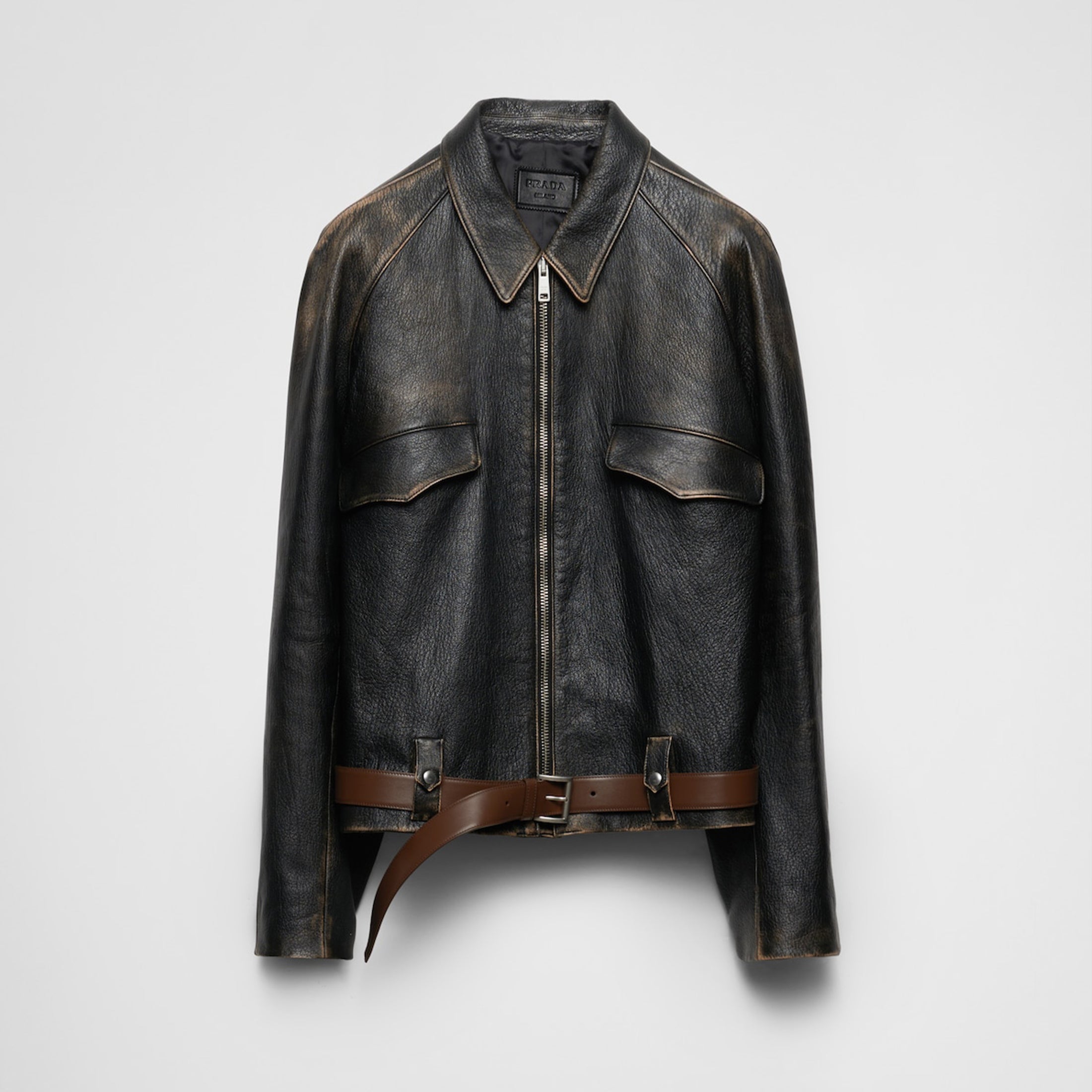 Prada Men's Women's Autumn and Winter Retro High Street Biker Style Leather Jacket Lapel Belt Zipper Jacket Coat  Ngvp #9157