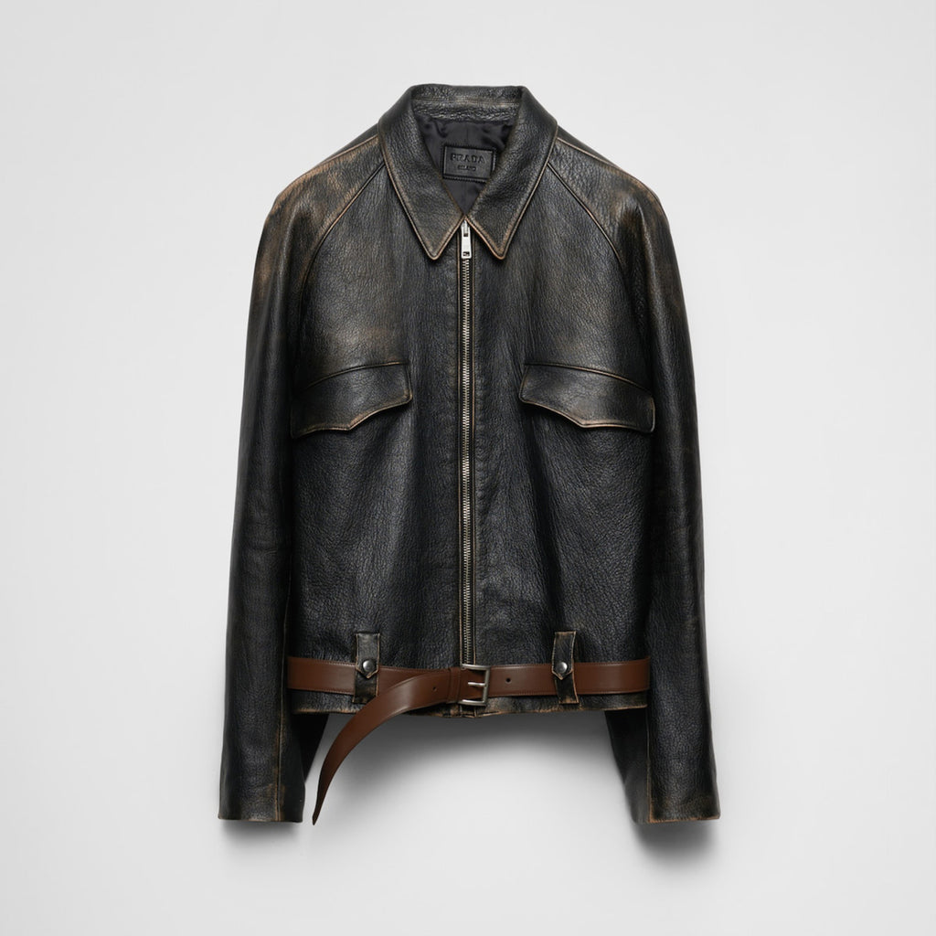 Prada Men's Women's Autumn and Winter Retro High Street Biker Style Leather Jacket Lapel Belt Zipper Jacket Coat  Ngvp #9157