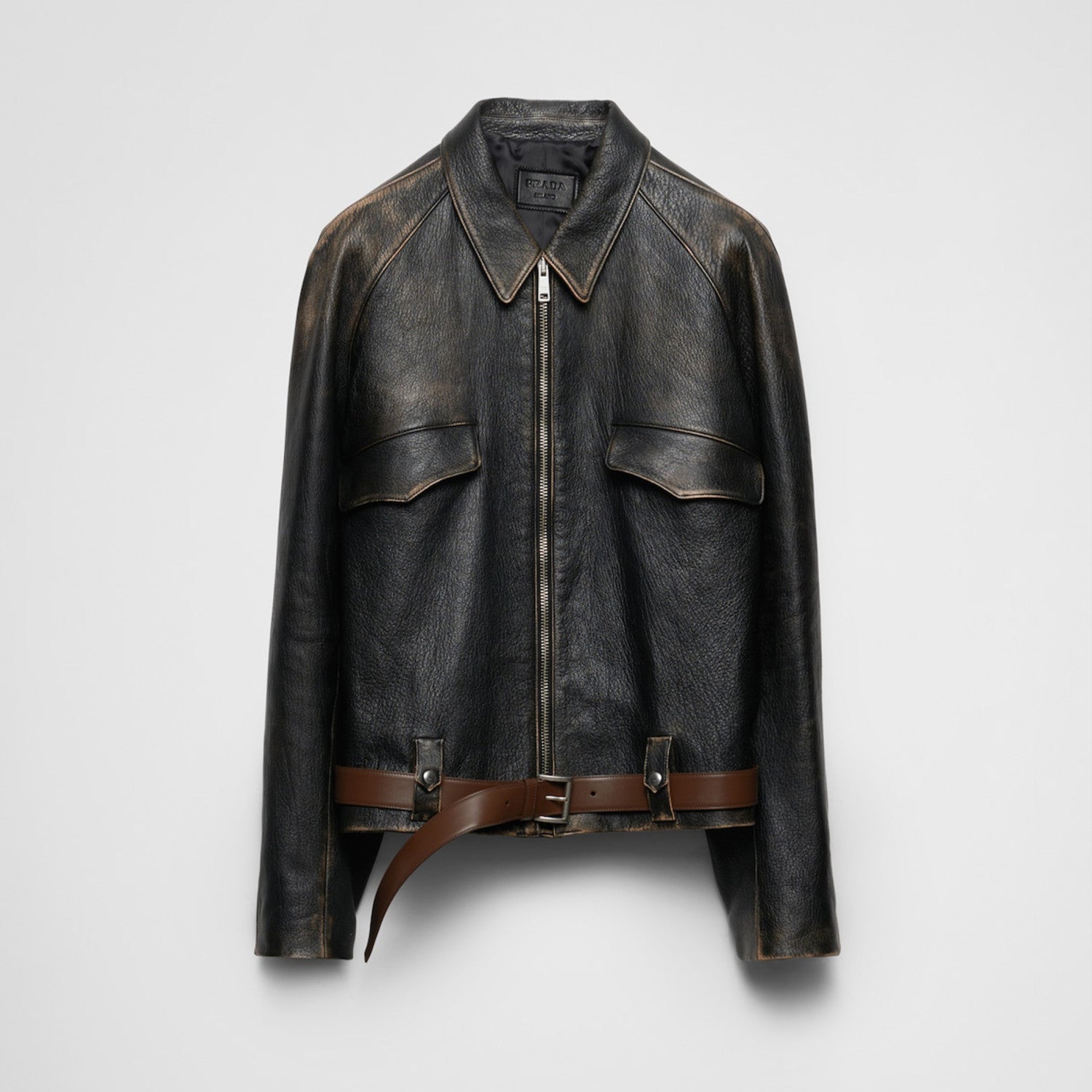 Prada Men's Women's Autumn and Winter Retro High Street Biker Style Leather Jacket Lapel Belt Zipper Jacket Coat  Ngvp #9157