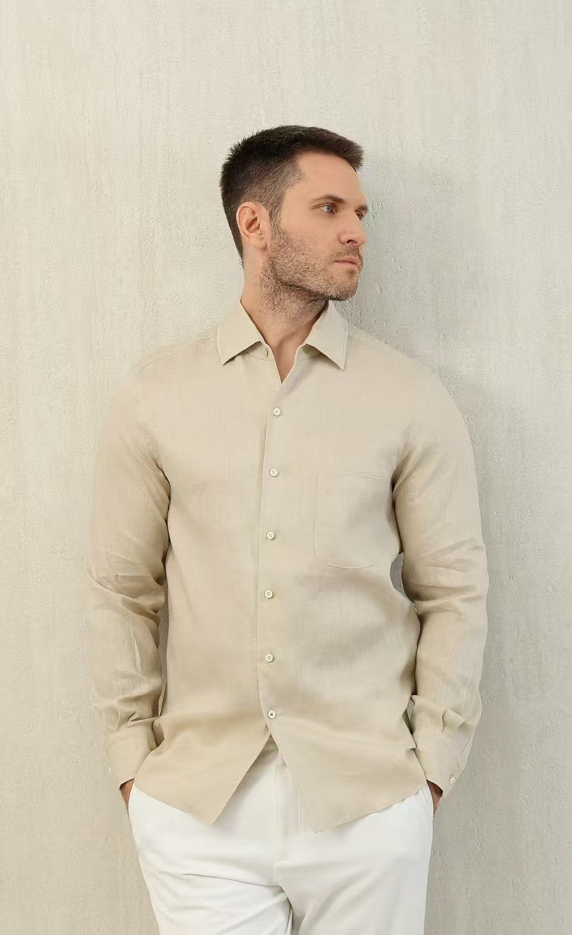 Loro Piana Men's Spring And Summer Solid Color André Shirt Lapel Single-breasted Linen Shirt Ngvp #7962