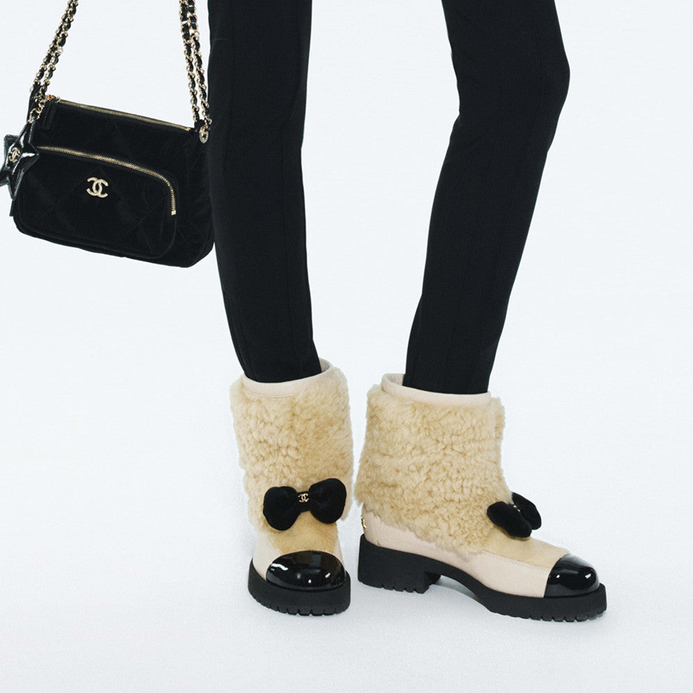 Chanel Short Boots Shearling Lambskin Calfskin Lambskin Patent Calfskin Beige Black #334244