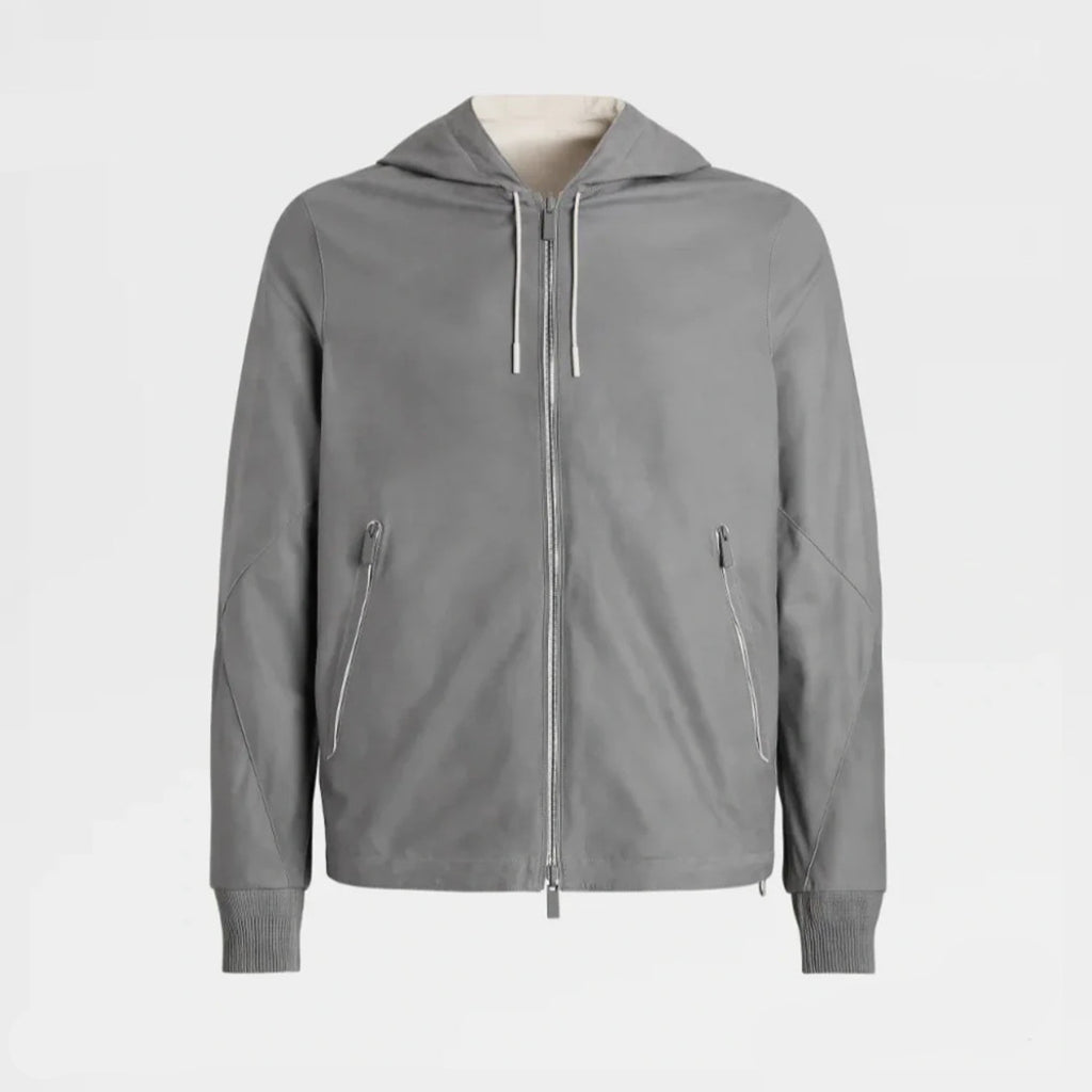 Ermenegildo Zegna Men's Spring And Autumn Reversible Leather Coat Zip Hooded Jacket Pure Colour Temperament Comfortable Leather Jacket Ngvp #1592