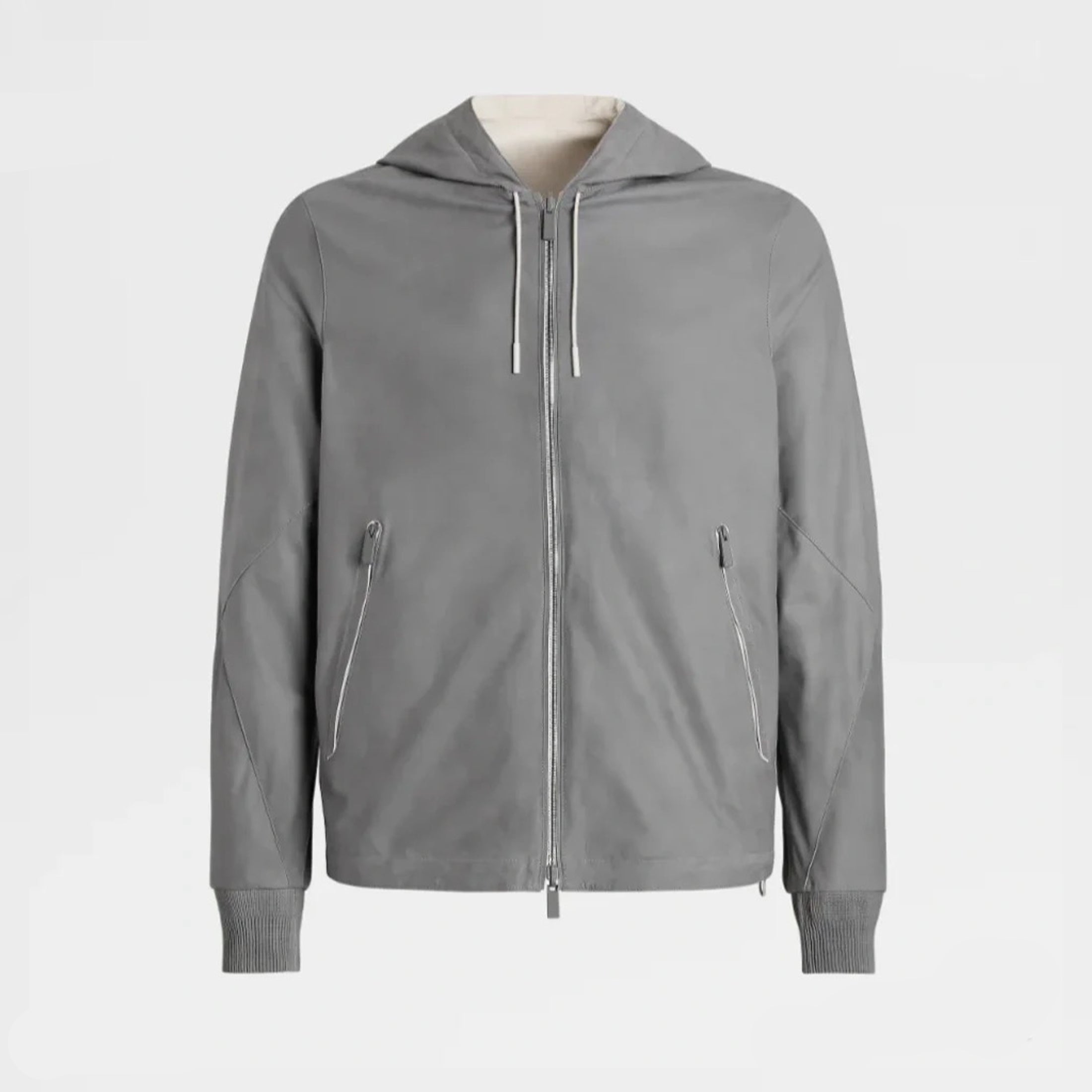 Ermenegildo Zegna Men's Spring And Autumn Reversible Leather Coat Zip Hooded Jacket Pure Colour Temperament Comfortable Leather Jacket Ngvp #1592