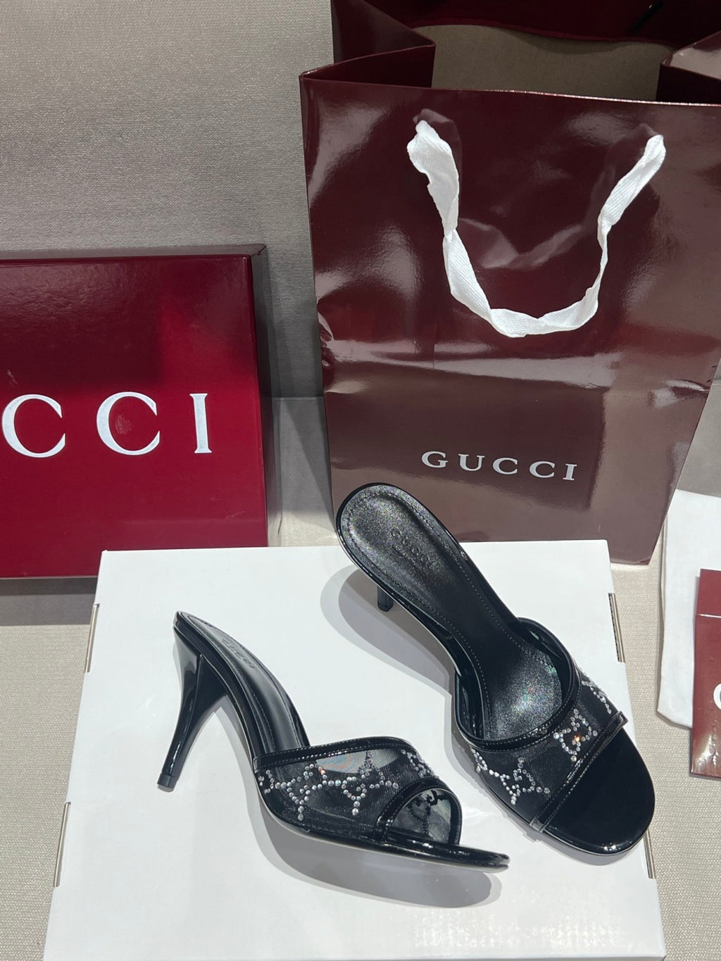 Gucci Women's Crystal Slide Sandal in Black GG Crystal Mesh#380127