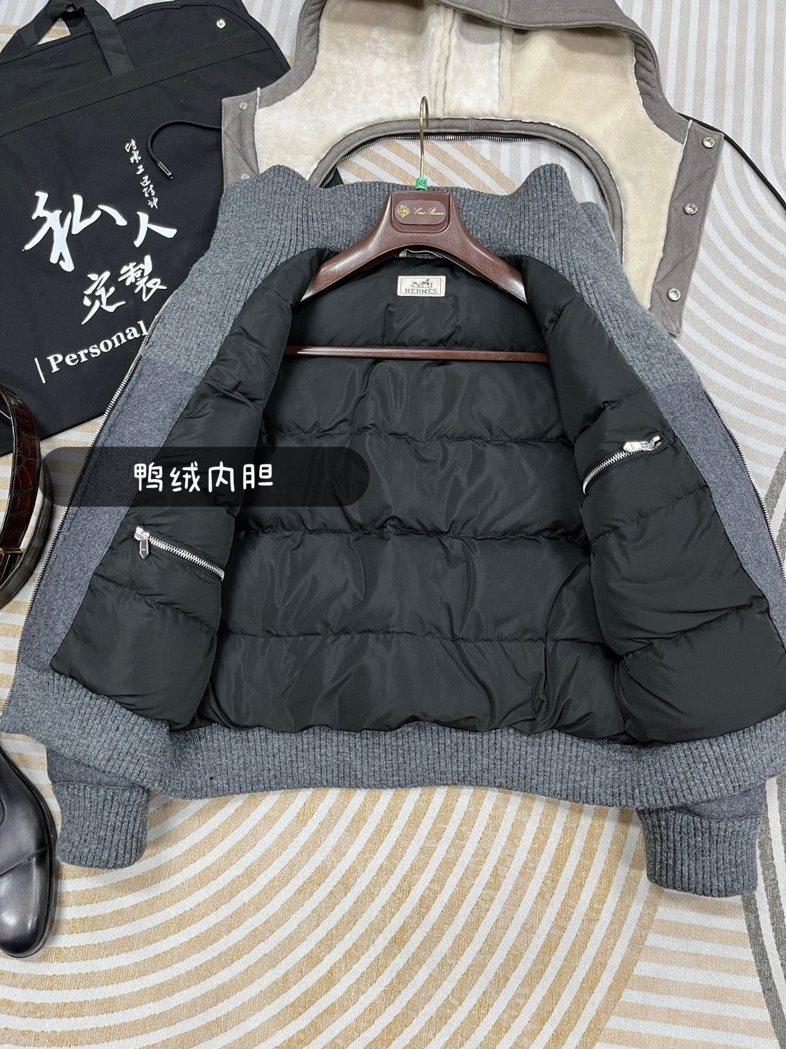 Hermes Men's Spring/Fall Patchwork Leather-Fur Collar Cashmere Casual Solid-Color Hooded Jacket Ngvp #2572