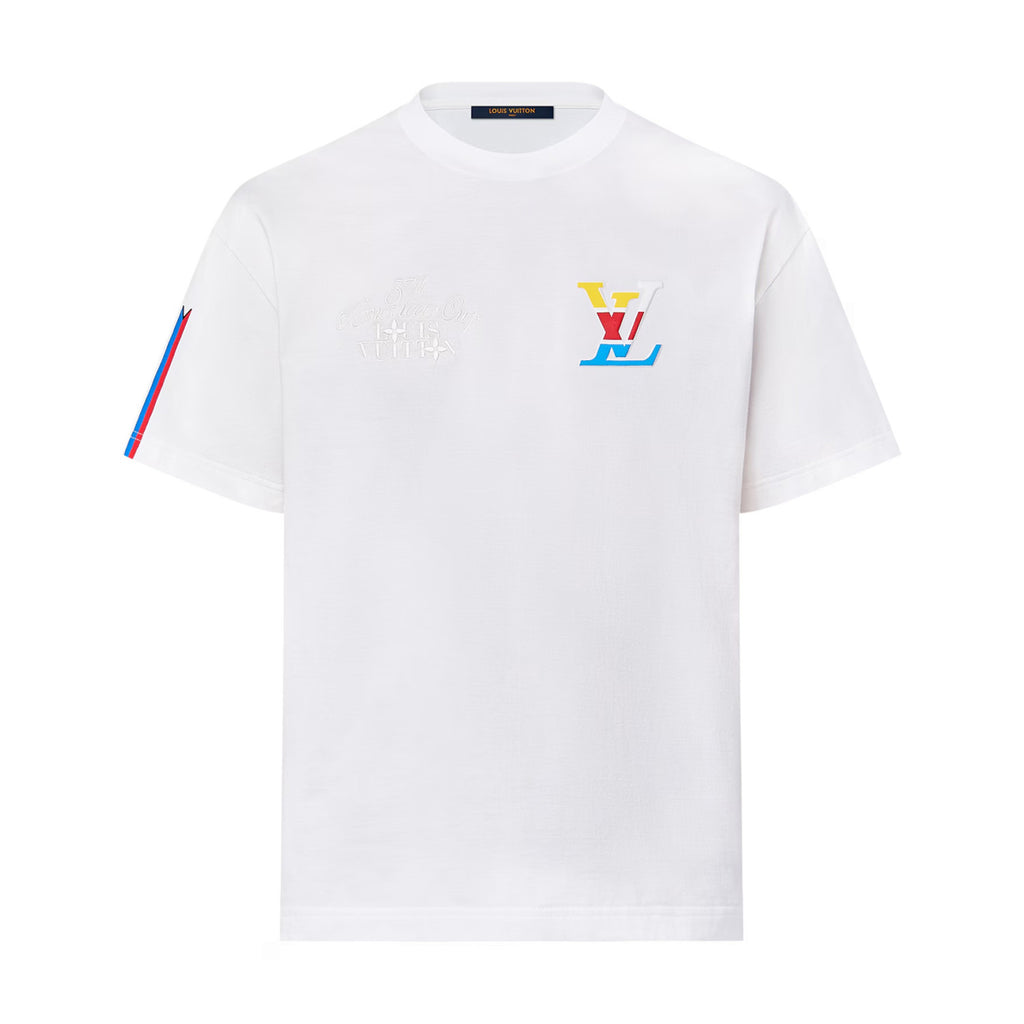 Louis Vuitton Men's Summer White Logo Embroidered Crew Neck Cotton Short Sleeve T-Shirt #72787