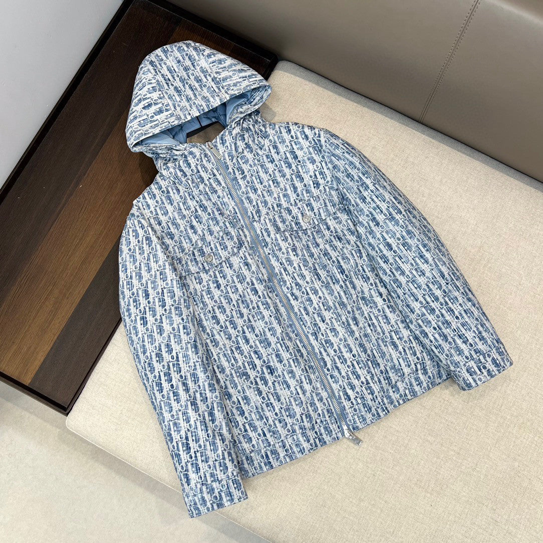 Dior Logo Jacquard Denim Hooded Puffer Down Jacket #96741