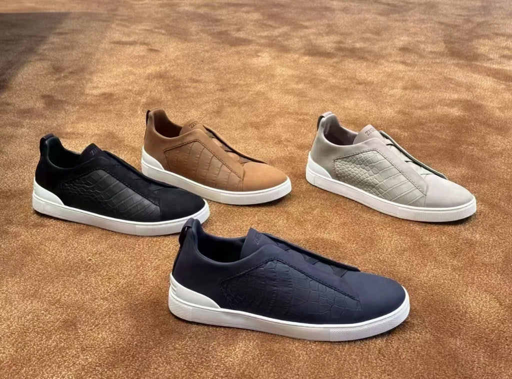 Ermenegildo Zegna Men's Fashion Classic Round Toe Slip On Flat Low Top Crocodile Leather Suede Patchwork Luxury Business Casual Shoes #79375