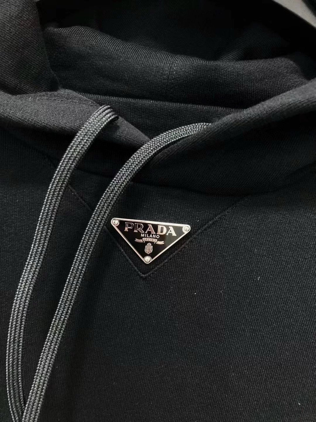 Prada Men's Spring and Fall Triangle Metal Label Black Cotton Hooded Drawstring Loose Sweatshirt Pullover #73284