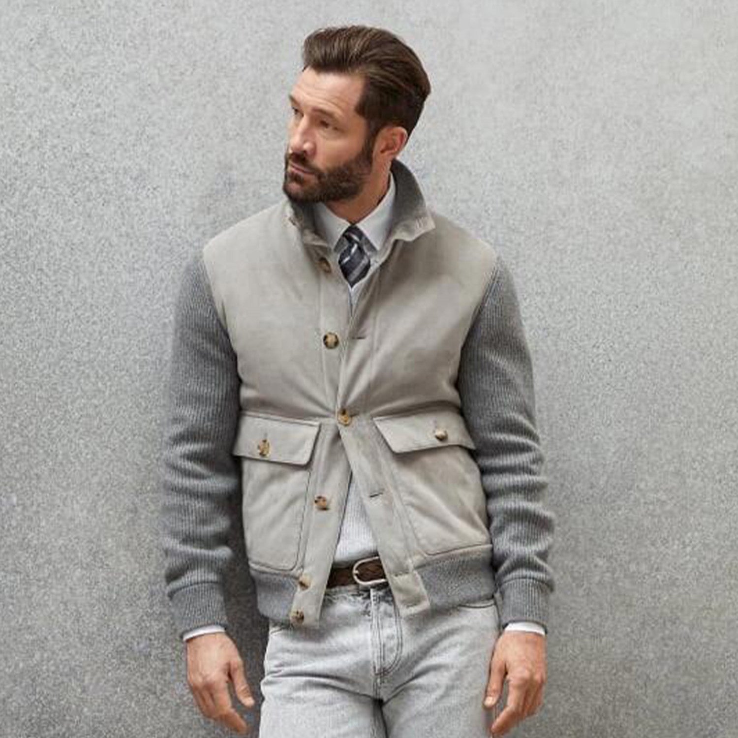 Brunello Cucinelli Men's Fall And Winter Suede Wool Knit Patchwork Jacket Single-breasted Fashion Casual Gentleman Jacket Ngvp #9113