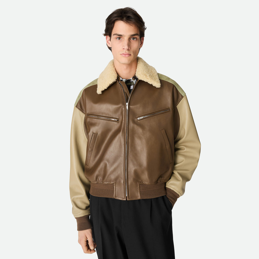 Bottega Veneta Men's Soft Leather Removable Lambswool Collar Spring And Autumn Color-Block Zipper Long-Sleeved Nappa Blouson Leather Jacket Ngvp #2126