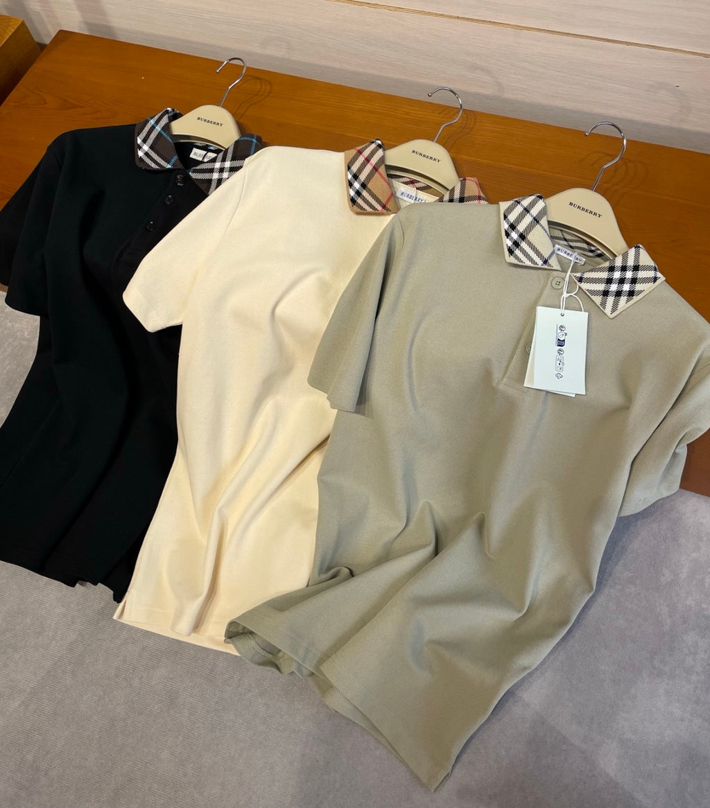 Burberry Men's Summer Check Printed Polo Neck Solid Color Short Sleeve T-Shirt #75868