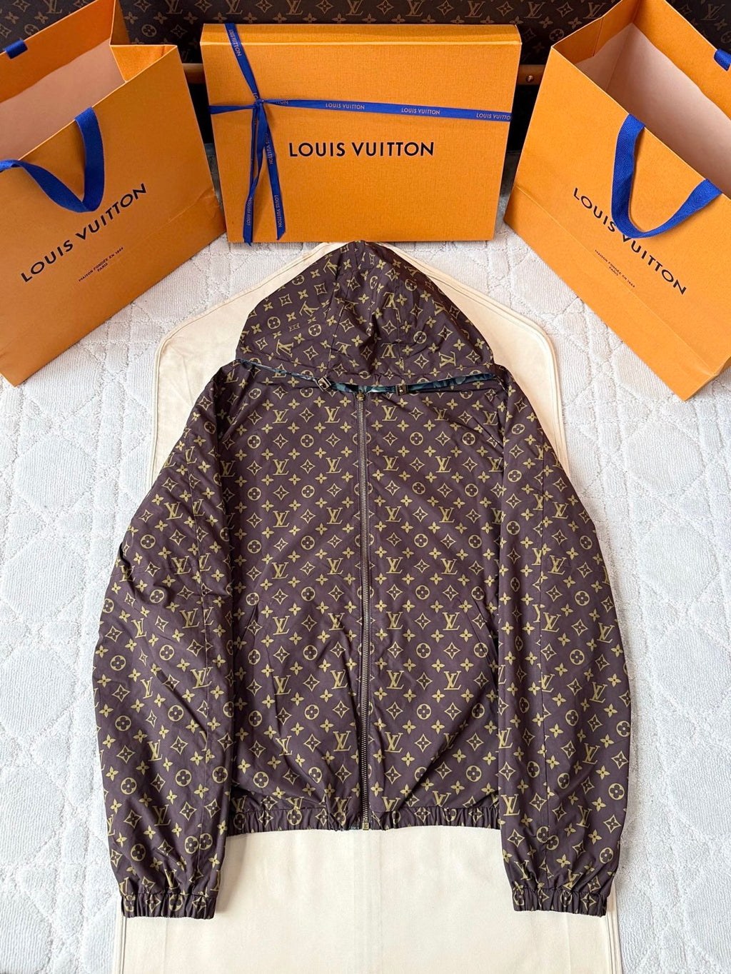 Louis Vuitton MONOGRAM Men's Spring/Fall Fashion Casual Hooded Zipper Camouflage Vintage Print Reversible Hooded Jacket Trench Coat Jacket #79491