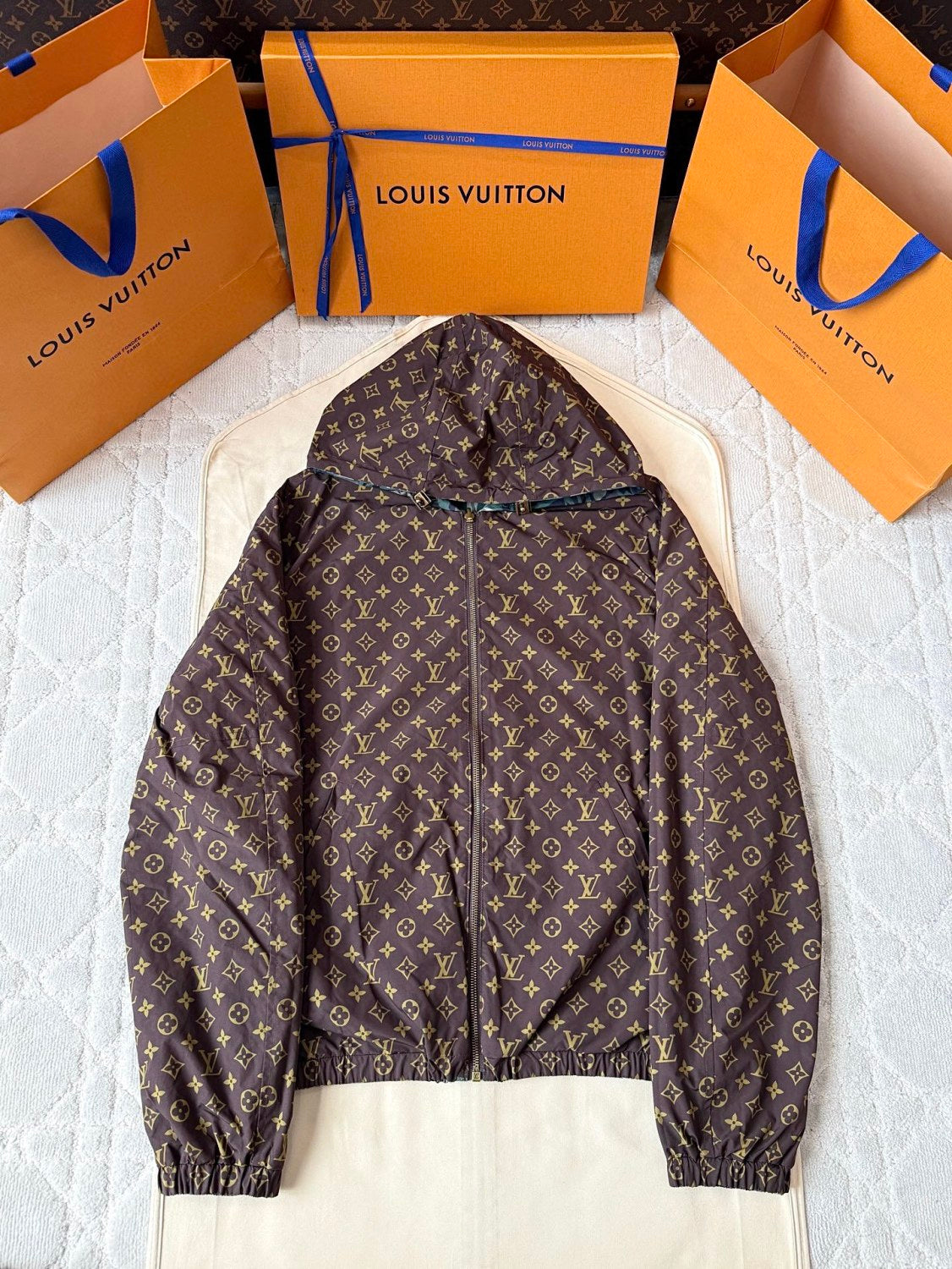 Louis Vuitton MONOGRAM Men's Spring/Fall Fashion Casual Hooded Zipper Camouflage Vintage Print Reversible Hooded Jacket Trench Coat Jacket #79491