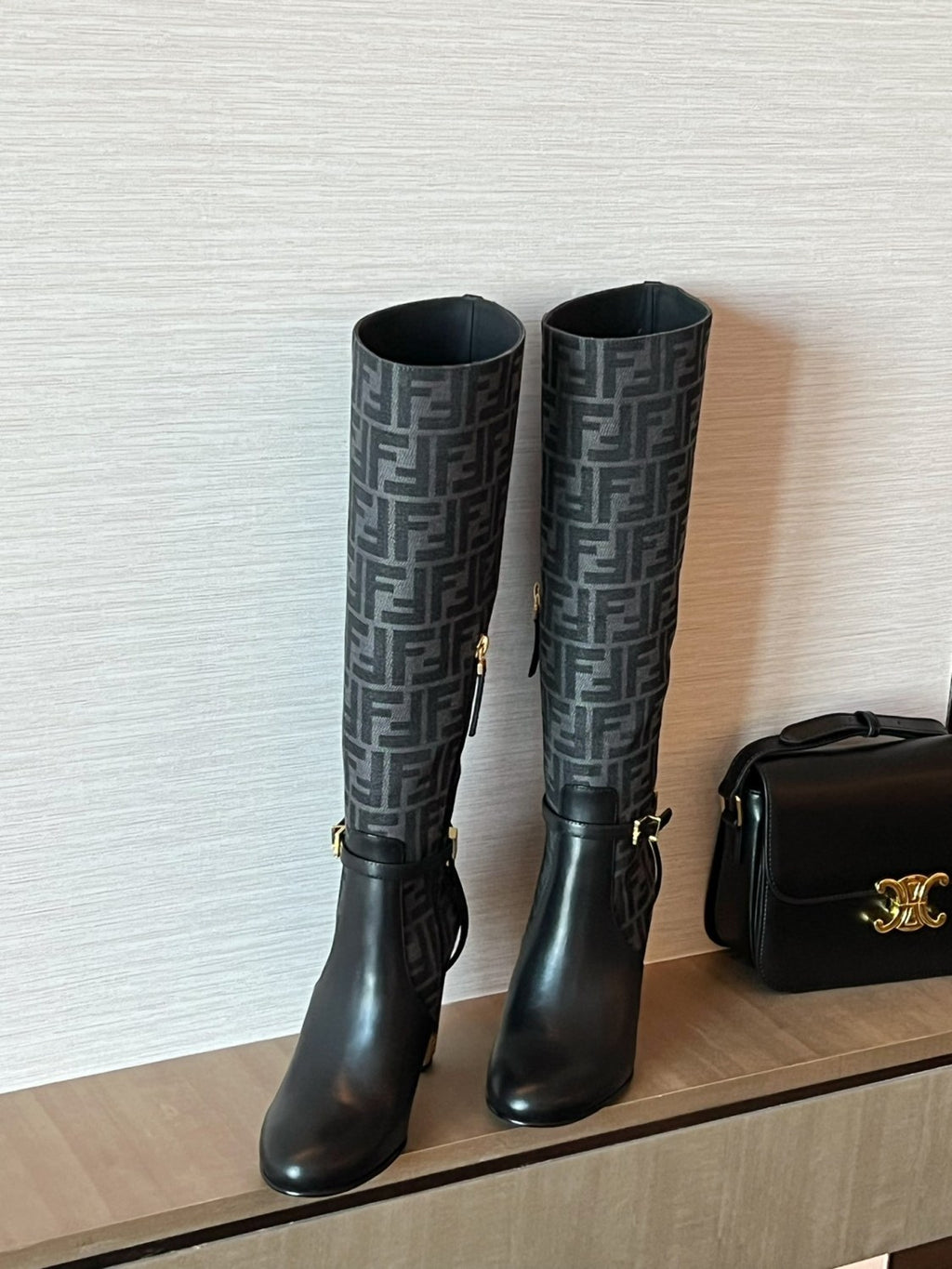 Fendi Women's Fall/Winter Fashion Classic Round Toe Leather FF Jacquard Fabric High Heel Knee High Boots Shoes #79223