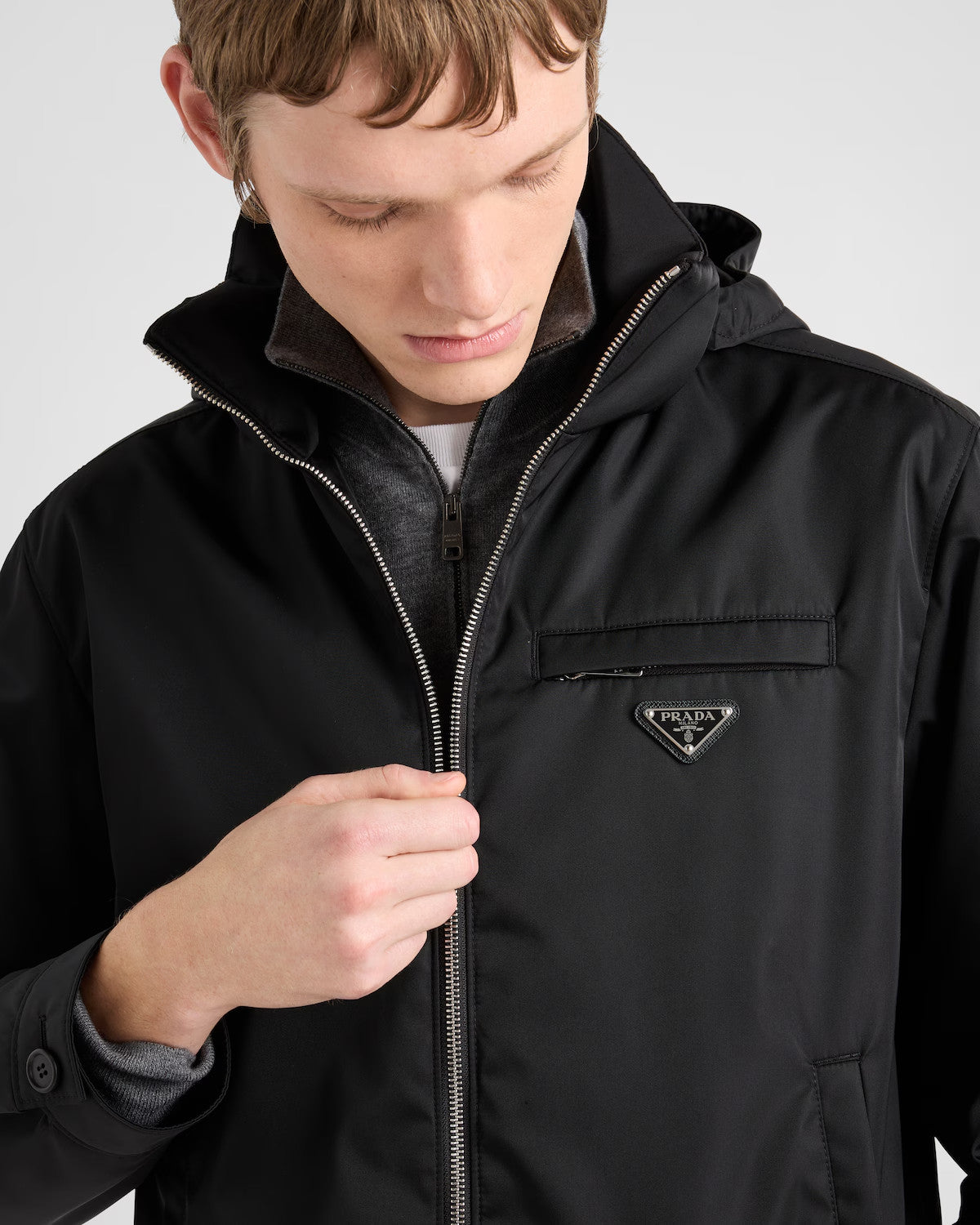 Prada Men's Fall And Winter Recycled Nylon Short Jacket Black Hooded Zipper Jacket Logo Pockets Fashion Trend Casual Jacket #81397