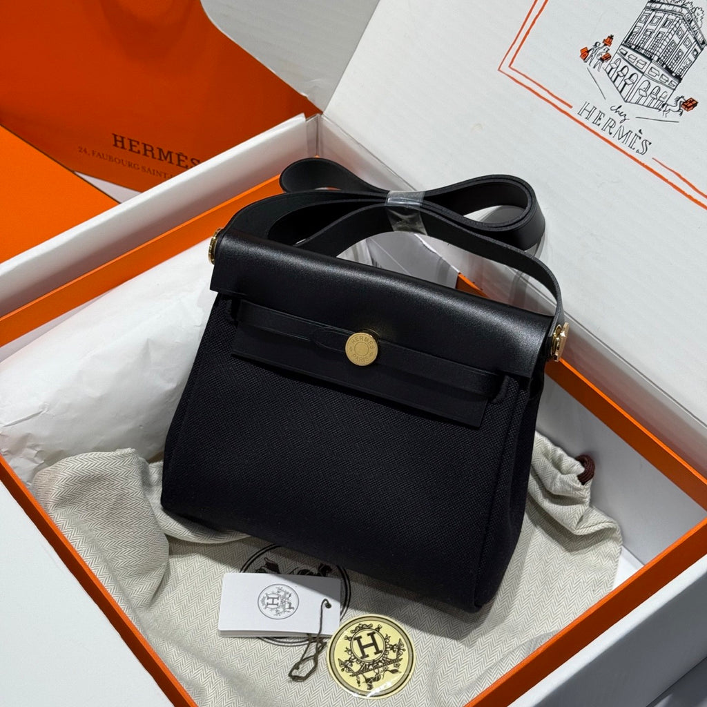 Hermes H -Mini Herbag Women's Color Blocking Metal Buckle Canvas and Cowhide Handbag Shoulder Satchel Bag Bags #76411