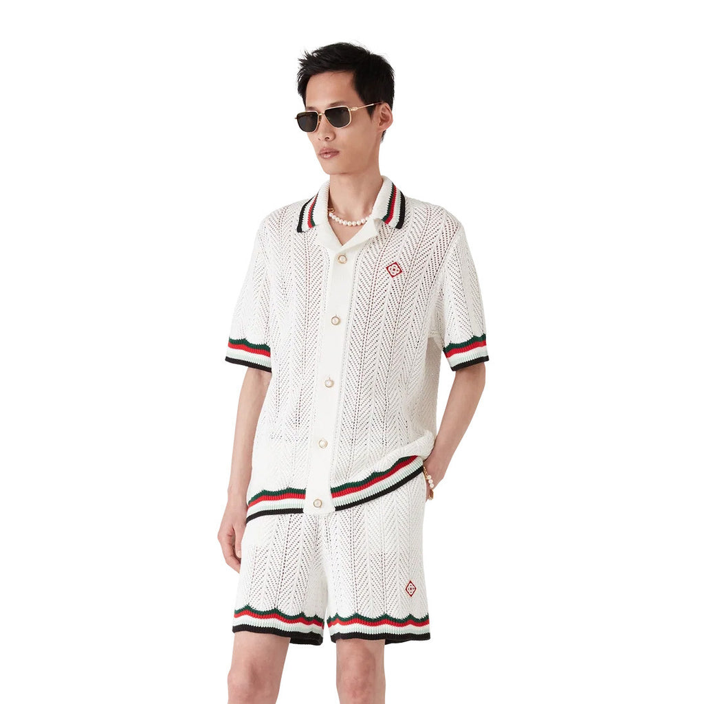 Casablanca Men's Summer Casual Solid Color Cotton Cloud Embroidery Knitted Sweater Shirt Logo Embroidery Striped Short Sleeve Shorts Set #78234