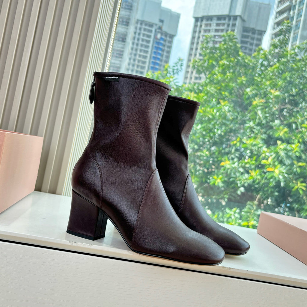 MiuMiu Nappa Women's Spring/Fall Fashion Casual Chunky Heel Leather Round Toe Slip On Zipper Ankle Boots Shoes #78717