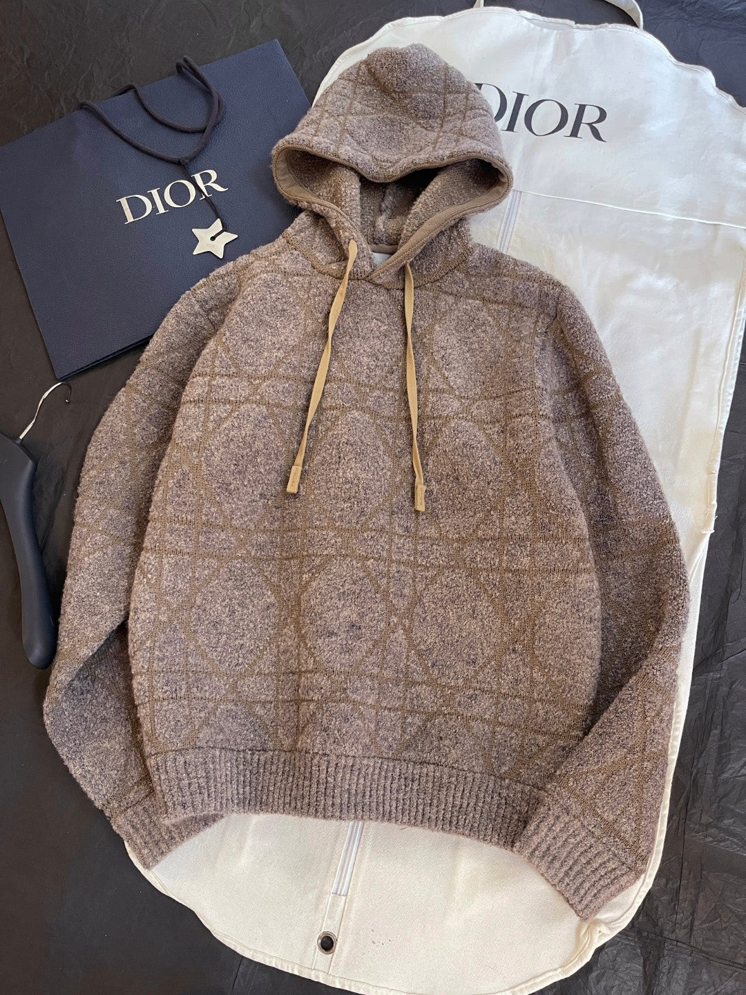 DIOR Cannage Hooded Sweatshirt Beige Cotton and Wool Blend Knit#336735