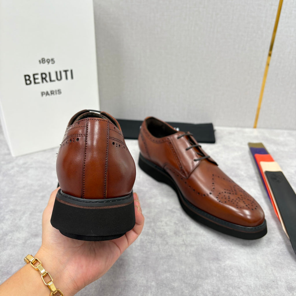 Berluti Alessio Natural Men's Spring/Fall Fashion Classic Leather Brogue Oxford Shoes with Thick Rubber Sole Calfskin Derby Shoes #78573