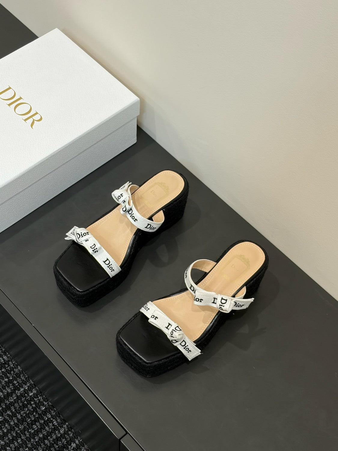 DIOR J Adior Wedge Slide with Straps White Embroidered Cotton and Natural Raffia #386876
