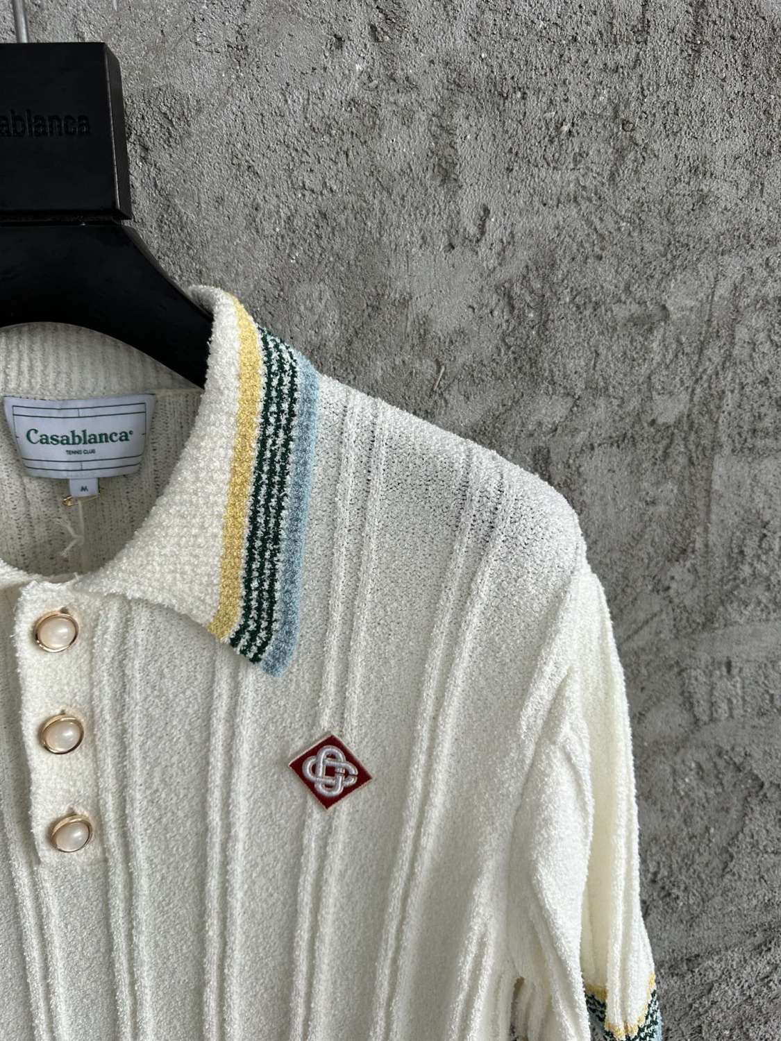 Casablanca Men's Summer White Striped Trim Comfortable Ribbed Knit Short Sleeve Polo T-Shirt #73227